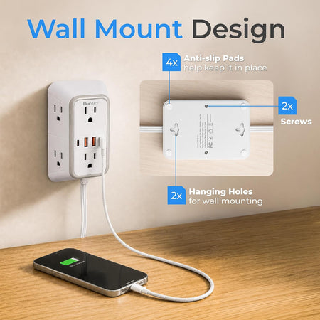 Twin Extension Cord Splitter 12 Ft, Dual 10-in-1 Power Strip showing wall mounting with screws, pads, and hanging holes