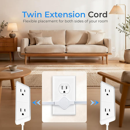 Twin Extension Cord Splitter 12 Ft, Dual 10-in-1 Power Strip shown on both sides of a sofa with outlet close-up