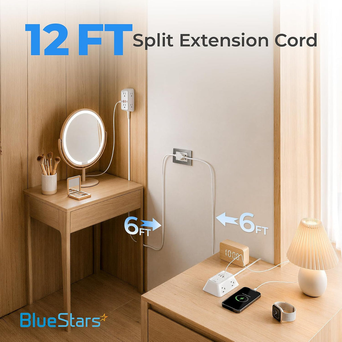 Twin Extension Cord Splitter 12 Ft, Dual 10-in-1 Power Strip shown splitting into two 6-foot cords for desk lamps