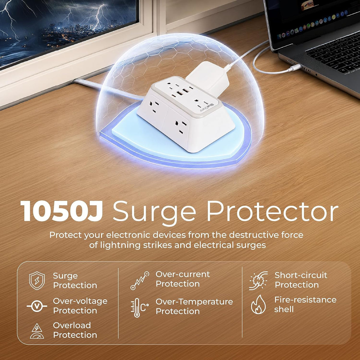 Twin Extension Cord Splitter 12 Ft, Dual 10-in-1 Power Strip shown with laptop and surge protection feature graphics