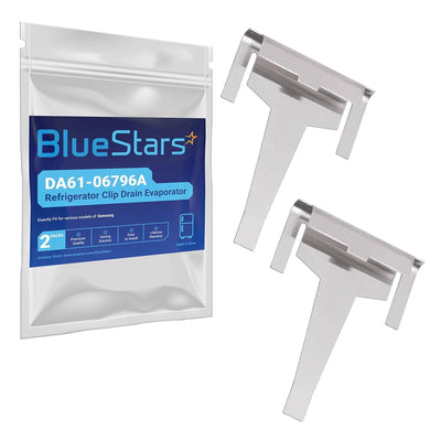 Two DA61-06796A refrigerator evaporator drain clips with BlueStars branded packaging.