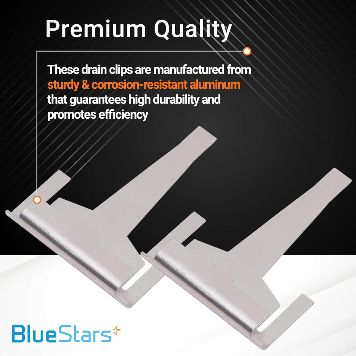 Two aluminum DA61-06796A refrigerator evaporator drain clips with text overlay highlighting premium quality.