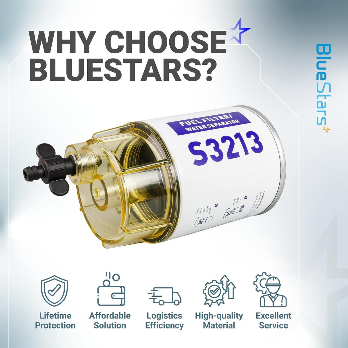 S3213 Fuel Water Separator Filter with Clear Bowl, 10-Micron shown in a BlueStars marketing graphic with feature icons