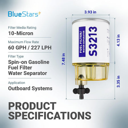 S3213 Fuel Water Separator Filter with Clear Bowl, 10-Micron product specifications and dimensions diagram