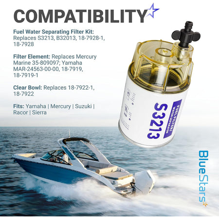 S3213 Fuel Water Separator Filter with Clear Bowl, 10-Micron compatibility graphic with filter, boat, and replacement numbers