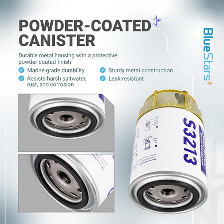 S3213 Fuel Water Separator Filter with Clear Bowl showing powder-coated canister and threaded filter base