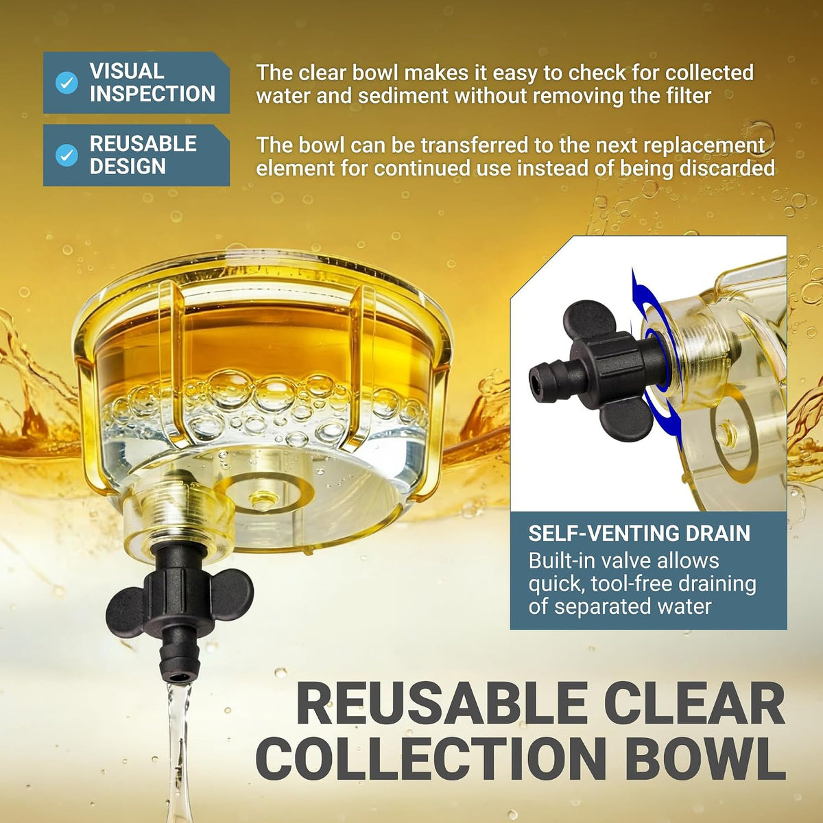 S3213 Fuel Water Separator Filter with Clear Bowl, 10-Micron, clear bowl and self-venting drain valve graphic