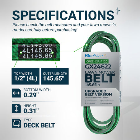Infographic showing GX26422 mower deck belt specifications, dimensions, and measurements for John Deere ZTrak mowers.