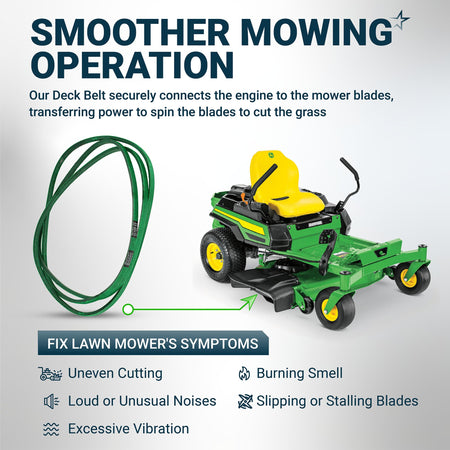 GX26422 mower deck belt shown with a John Deere ZTrak zero turn mower to illustrate installation and common repairs.