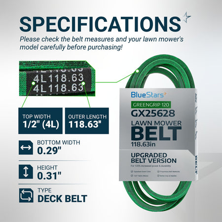 GX25628 deck belt specifications chart showing dimensions and 118.63-inch length for John Deere Z300 series mowers.