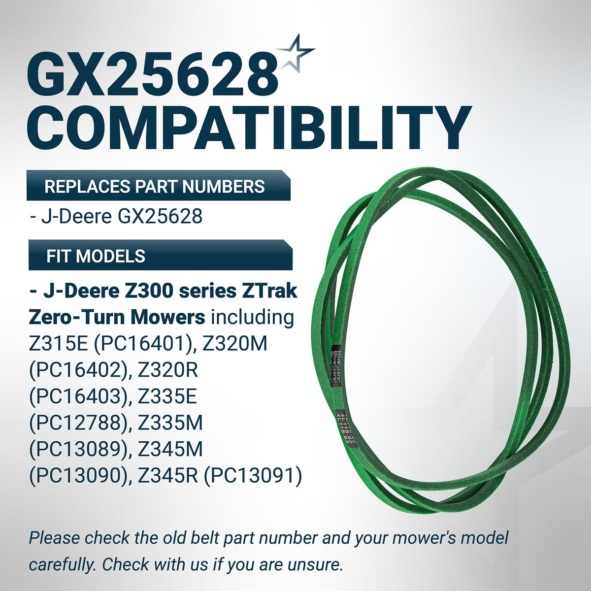 GX25628 replacement deck belt for J-Deere Z300 series ZTrak mowers with compatibility chart and model list.