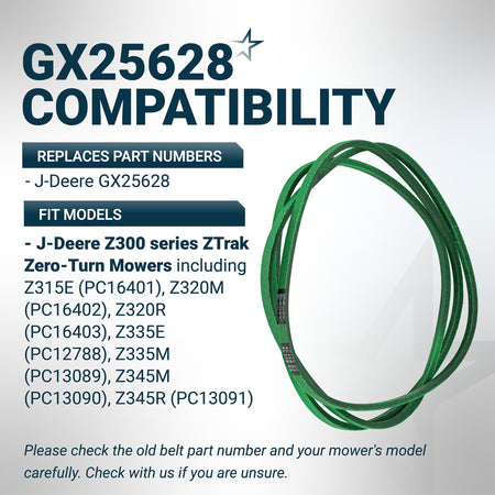 GX25628 replacement deck belt for J-Deere Z300 series ZTrak mowers with compatibility chart and model list.