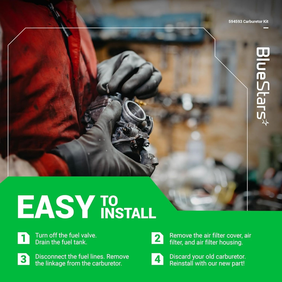 Mechanic holding a 594593 carburetor with easy installation instructions for John Deere lawn tractors.