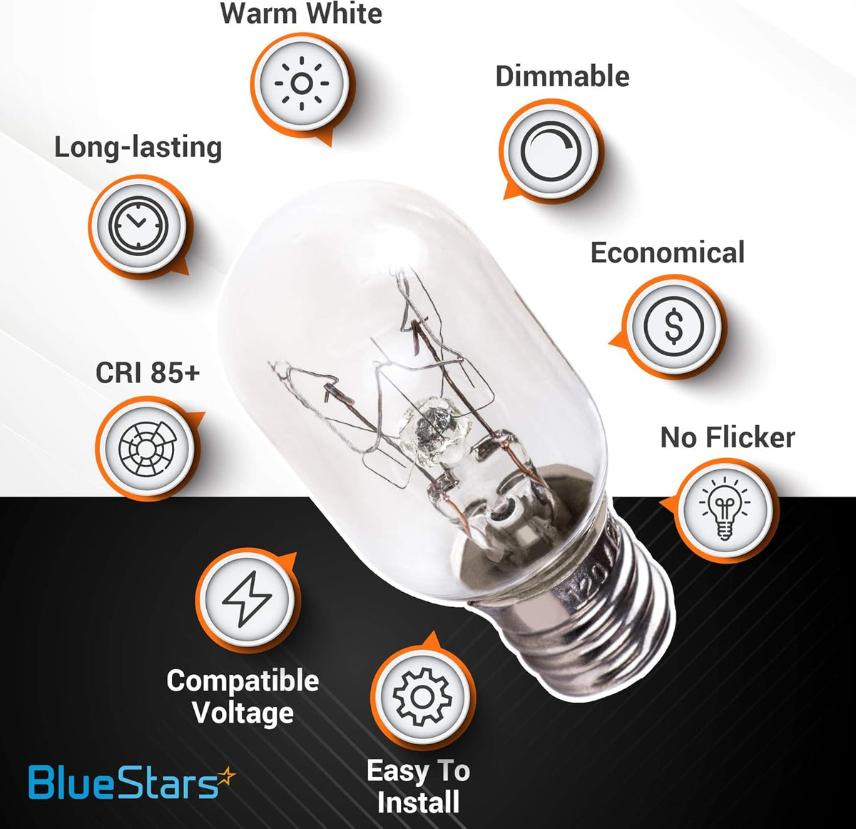 Close-up of a single E12 T20 25W incandescent salt lamp bulb with feature icons highlighting dimmable and warm white light.