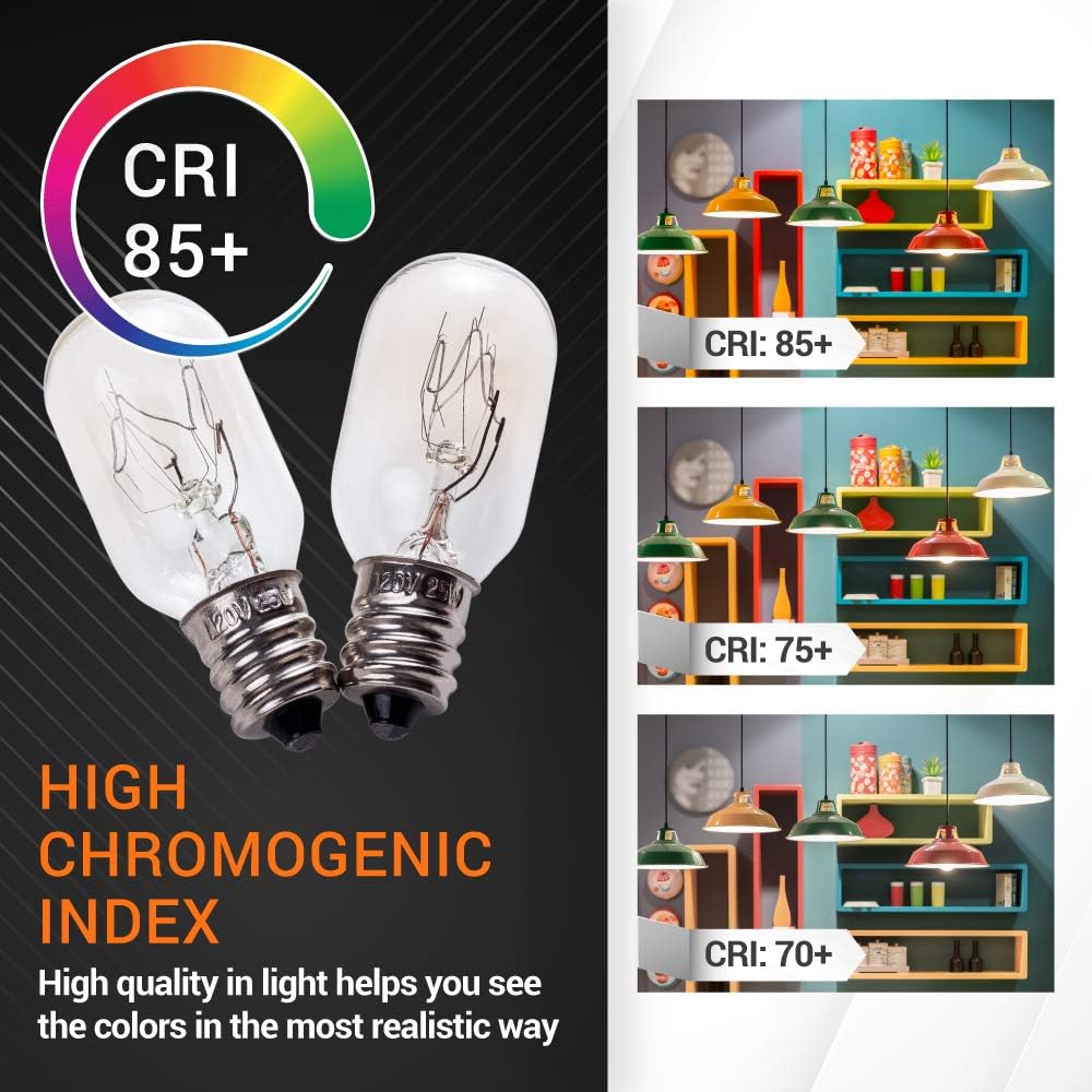 Two E12 T20 25W incandescent salt lamp bulbs showing high CRI 85+ color rendering comparison chart.