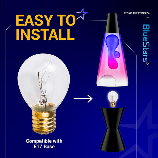 25 Watt S11 lava lamp bulb with E17 base shown with installation diagram for a lava lamp.