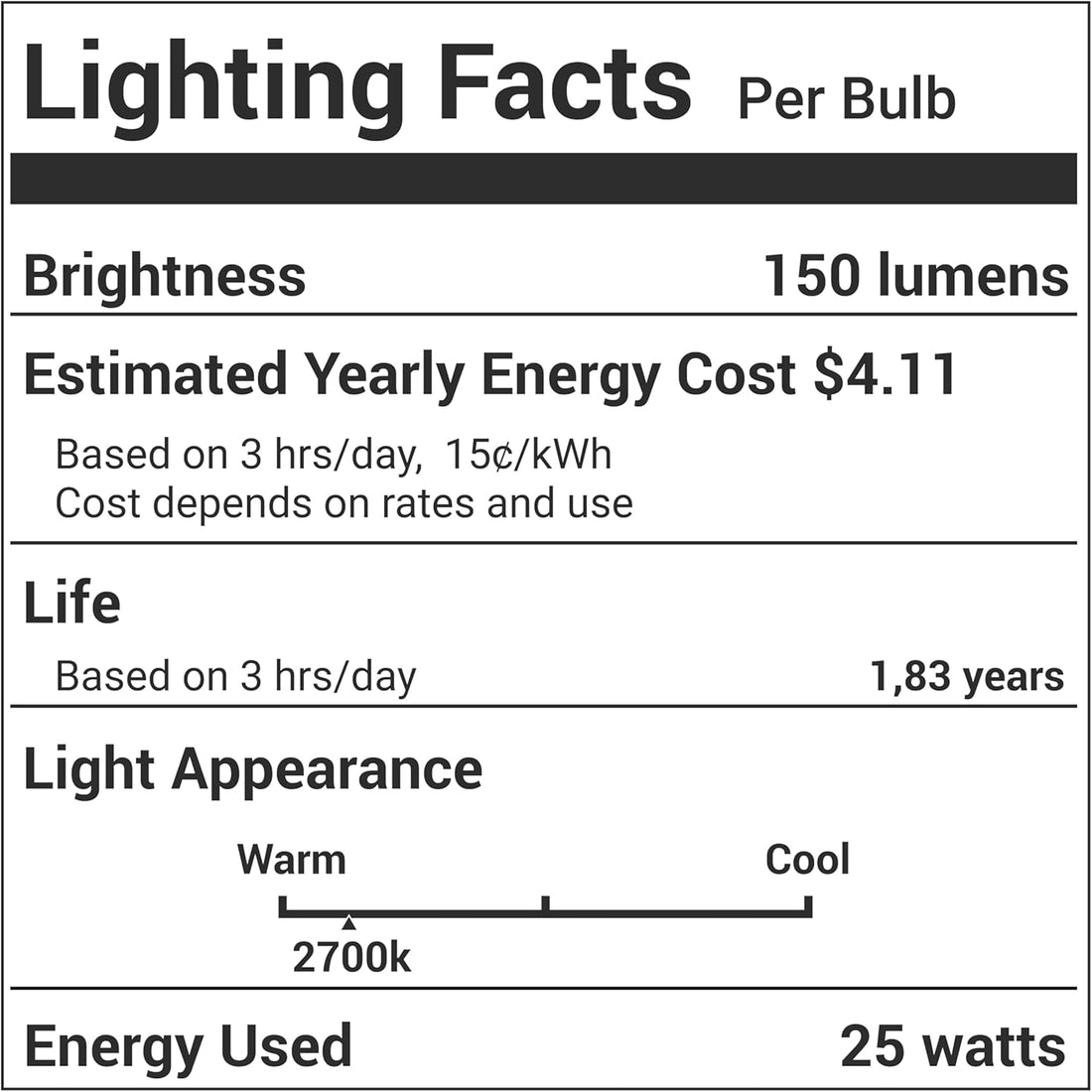 Lighting Facts label for 25 watt lava lamp bulb showing 150 lumens, 2700k warm light, and energy specifications.