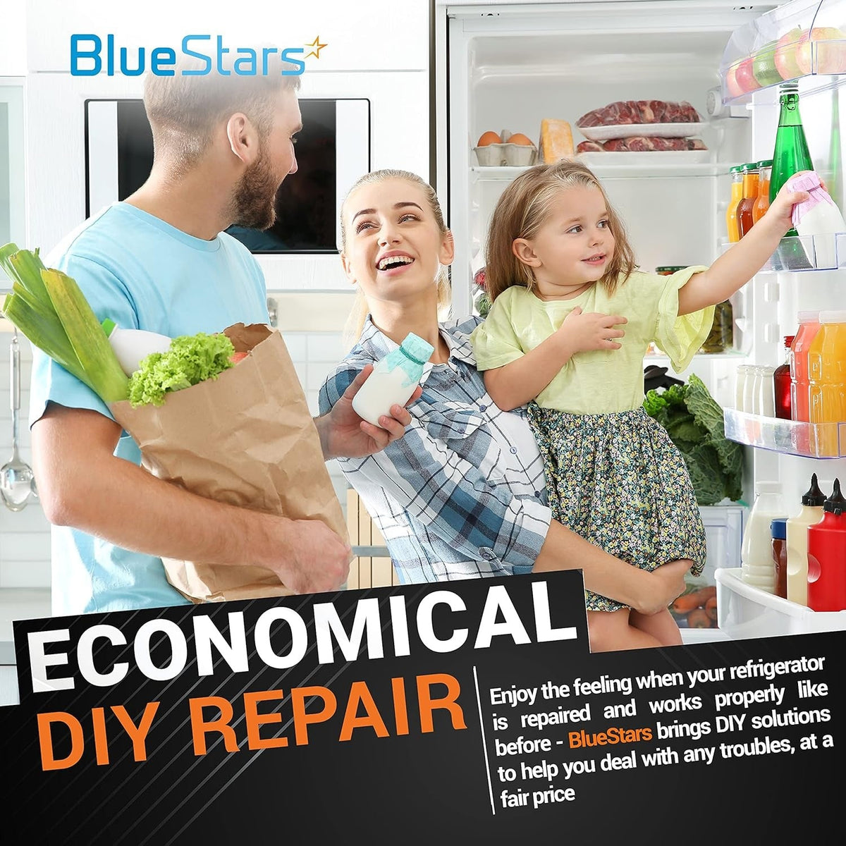 Family enjoying a functional refrigerator repaired with BlueStars DIY parts.