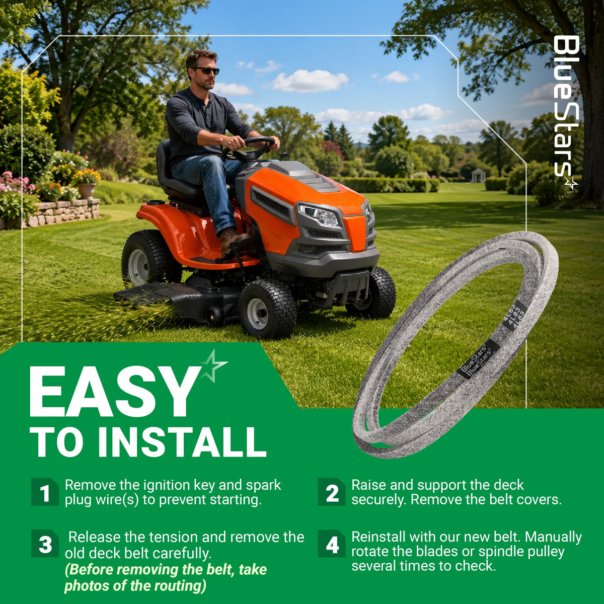 Instructional graphic showing a riding lawn mower and a replacement deck belt with four installation steps.
