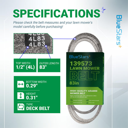 BlueStars 139573 lawn mower deck belt specifications chart showing 1/2 inch width and 83 inch length measurements.