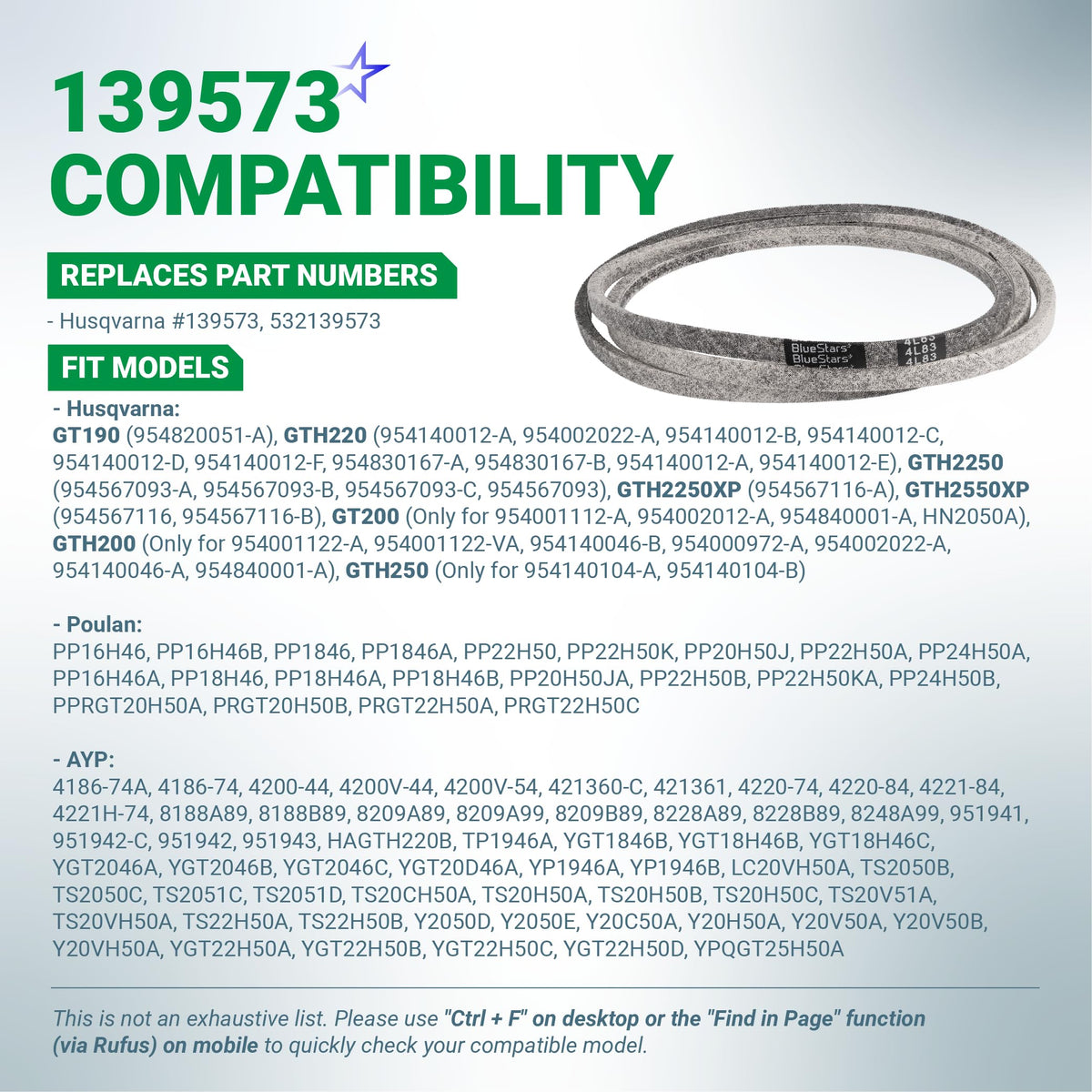 Replacement mower deck drive belt 139573 for Husqvarna, Poulan, and AYP lawn tractors.