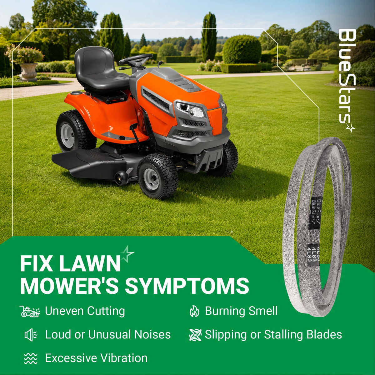 BlueStars 139573 replacement mower deck belt for lawn tractors to fix cutting, noise, and vibration issues.