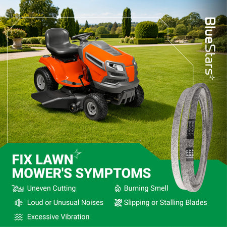 BlueStars 139573 replacement mower deck belt for lawn tractors to fix cutting, noise, and vibration issues.