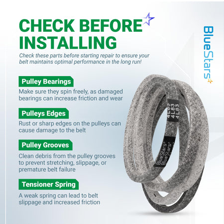 BlueStars 139573 replacement belt installation guide showing pulley inspection tips for optimal performance.