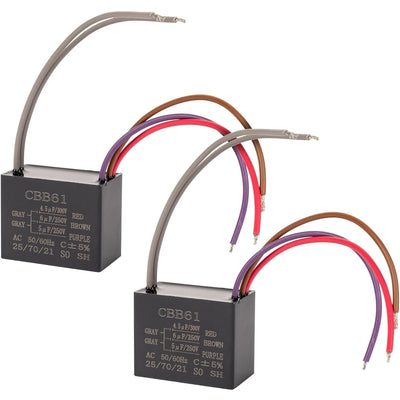Two CBB61 5-wire ceiling fan capacitors with 4.5uf, 6uf, and 5uf ratings.