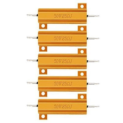 Pack of five 50W 25 ohm aluminum case wirewound resistors with gold finish.