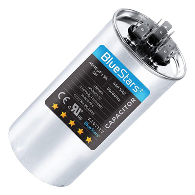 BlueStars 40+10 uF MFD 440 VAC round run capacitor for HVAC and air conditioner units.