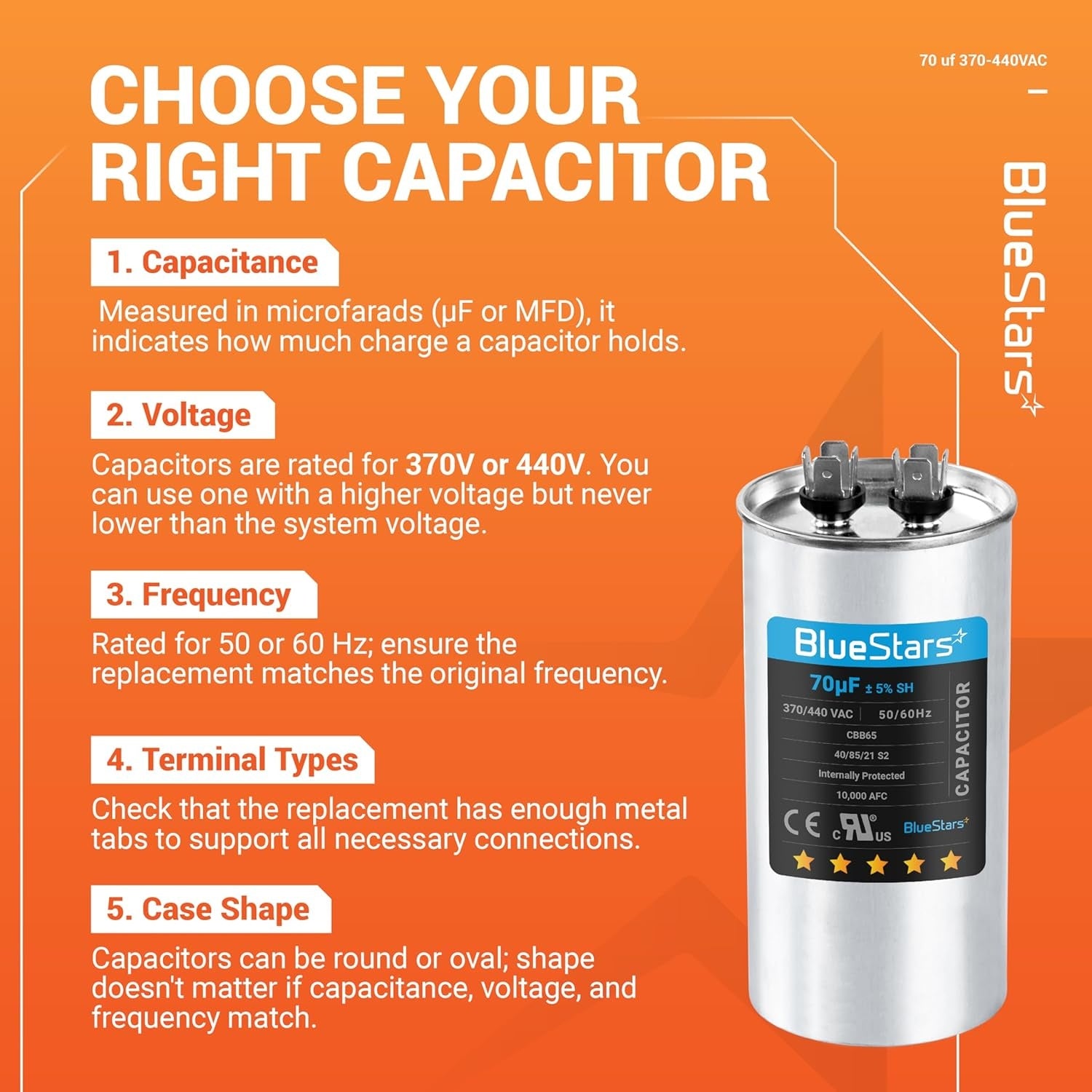 70 uF 370-440 VAC Round Run Capacitor