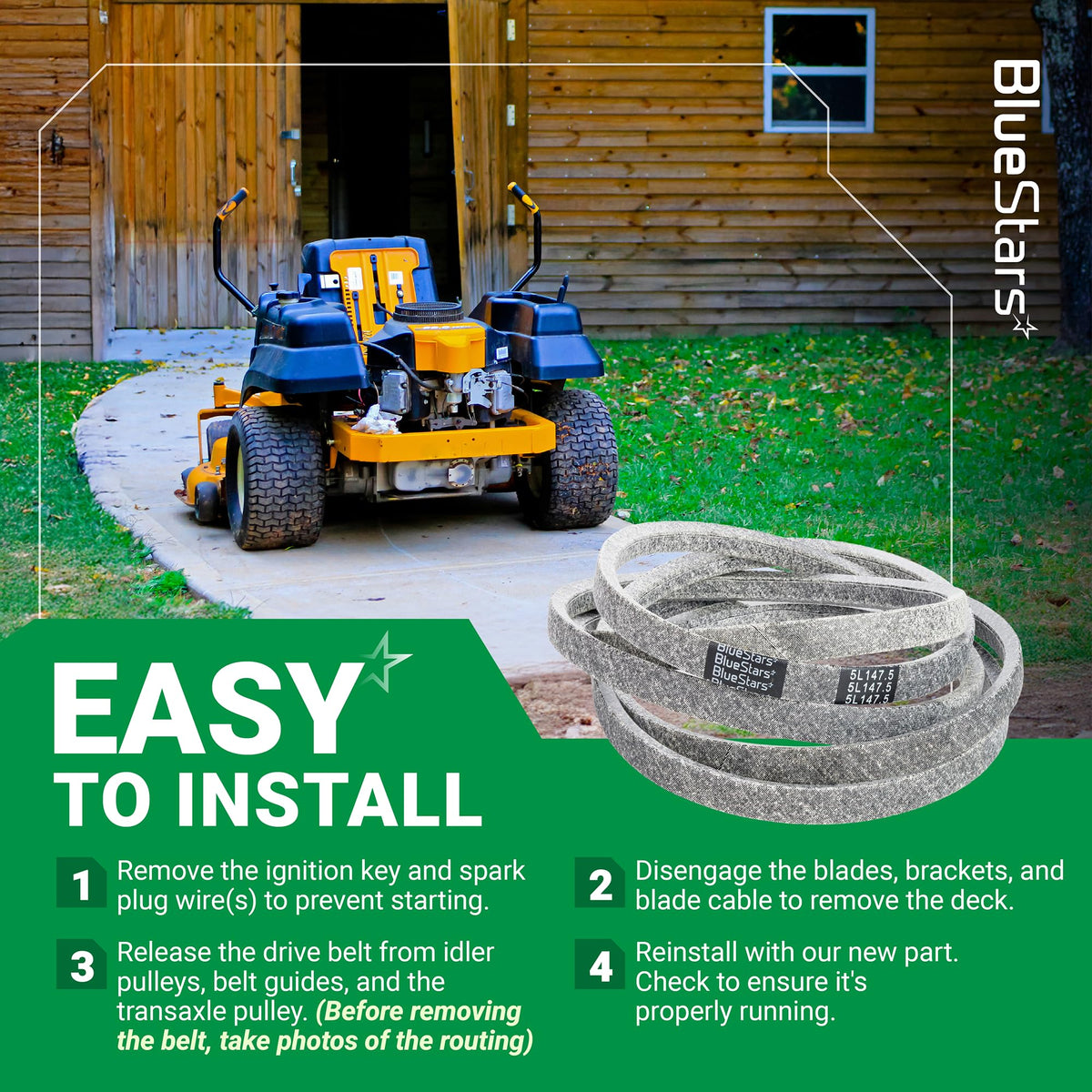 582558001 replacement deck belt for Husqvarna zero-turn mowers with installation instructions infographic.