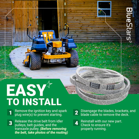 582558001 replacement deck belt for Husqvarna zero-turn mowers with installation instructions infographic.