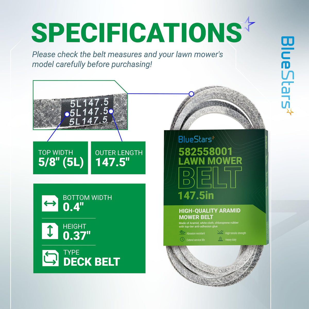 Specification chart for 582558001 deck belt showing dimensions, material, and compatibility for 48-inch lawn mowers.