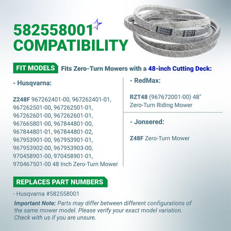 582558001 replacement deck belt compatibility chart for 48-inch Husqvarna, RedMax, and Jonsered zero-turn mowers.