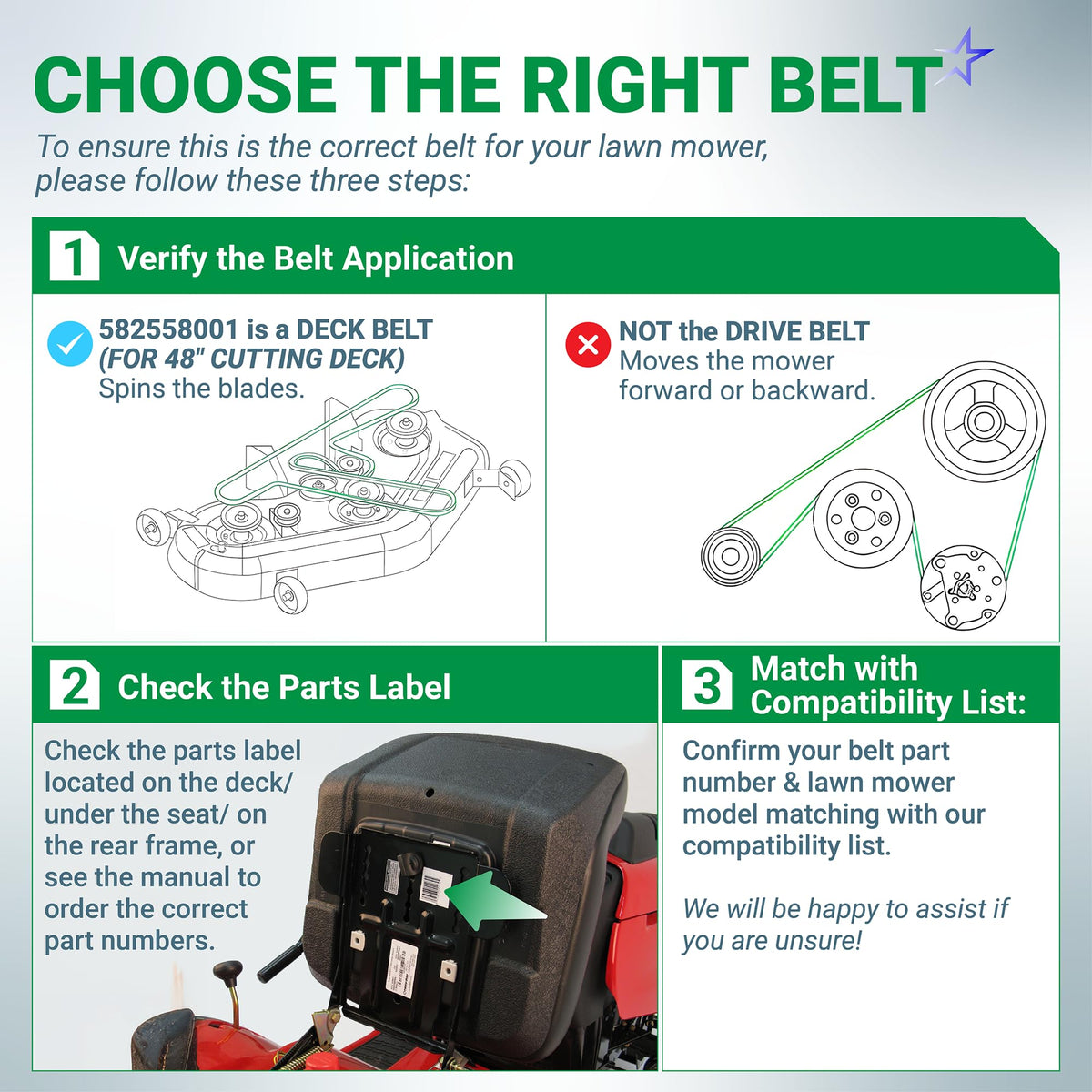 Infographic guide for selecting the correct 582558001 deck belt for Husqvarna, RedMax, and Jonsered 48-inch mowers.