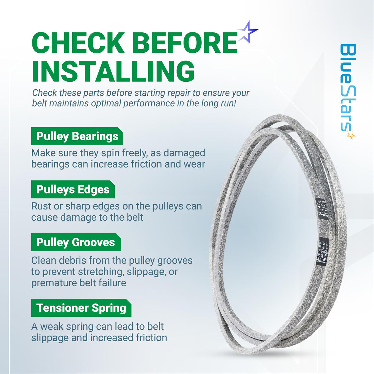 Informational graphic for 582558001 deck belt replacement showing installation tips for mower pulleys and tensioners.