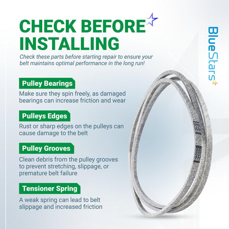 Informational graphic for 582558001 deck belt replacement showing installation tips for mower pulleys and tensioners.