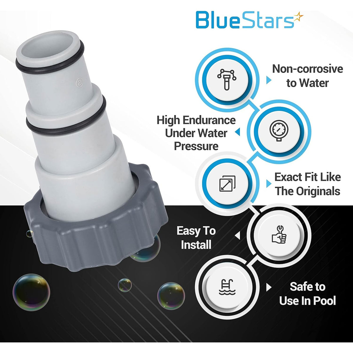 BlueStars pool hose adapter with infographic highlighting durability, easy installation, and water pressure resistance.