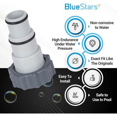 BlueStars pool hose adapter with infographic highlighting durability, easy installation, and water pressure resistance.