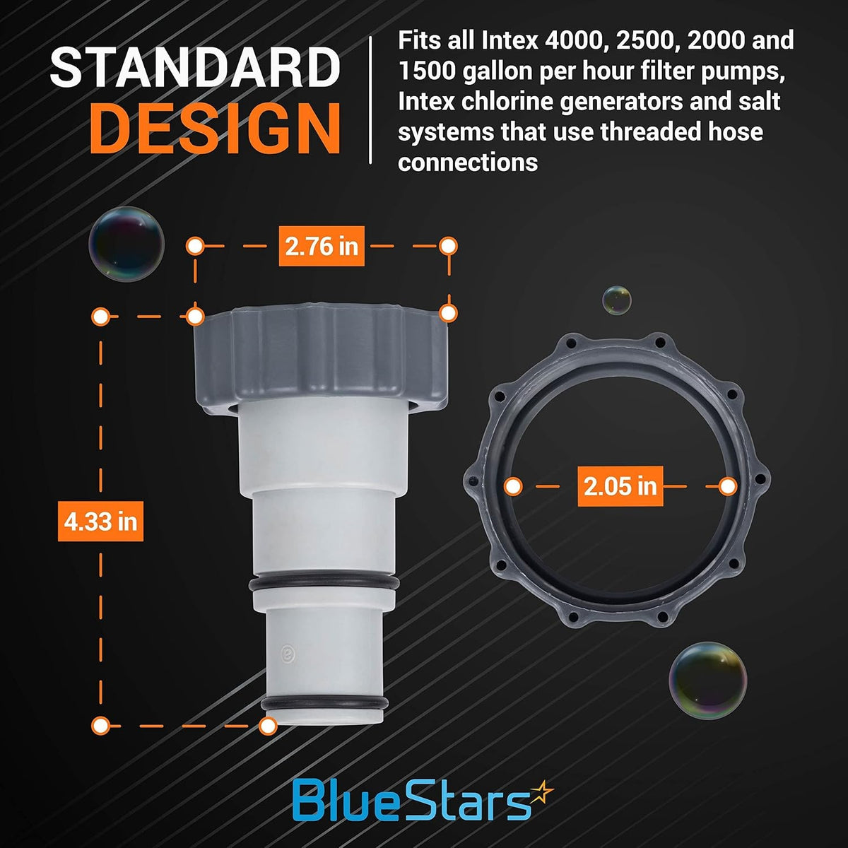 Dimensional diagram of Intex pool pump hose adapter with 2.76 inch and 4.33 inch measurements.