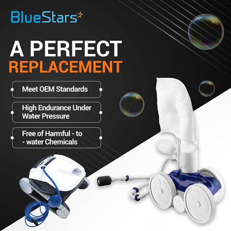 BlueStars pool cleaner replacement parts infographic showing OEM standard components and high-endurance construction.