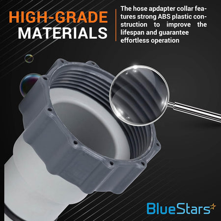 Close-up of a durable ABS plastic hose adapter collar with magnifying glass detail.