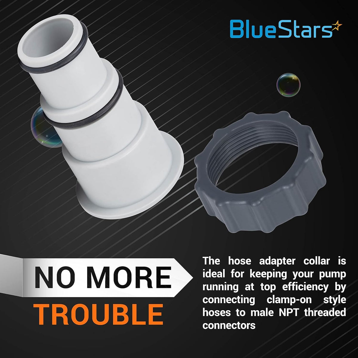 BlueStars pool pump hose adapter and threaded collar for connecting clamp-on hoses to male NPT connectors.