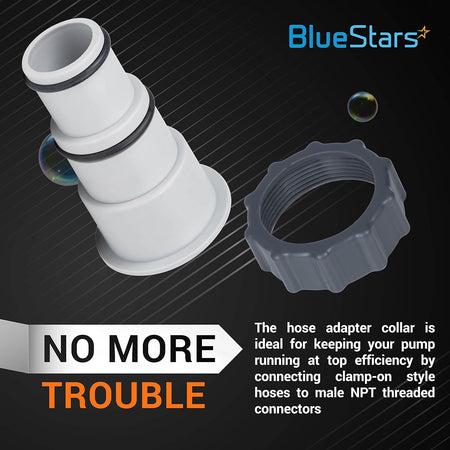 BlueStars pool pump hose adapter and threaded collar for connecting clamp-on hoses to male NPT connectors.