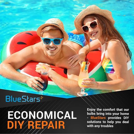 Couple relaxing on a watermelon pool float with cocktails, BlueStars branding for home appliance repair solutions.