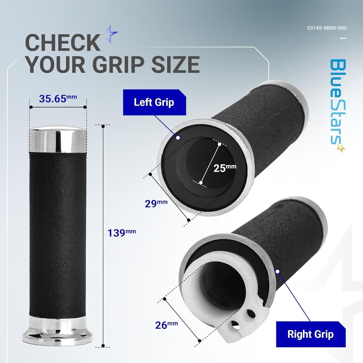 Dimensional diagram showing 25mm left and right throttle hand grips for Honda, part 53145-MM8-000, with measurements.