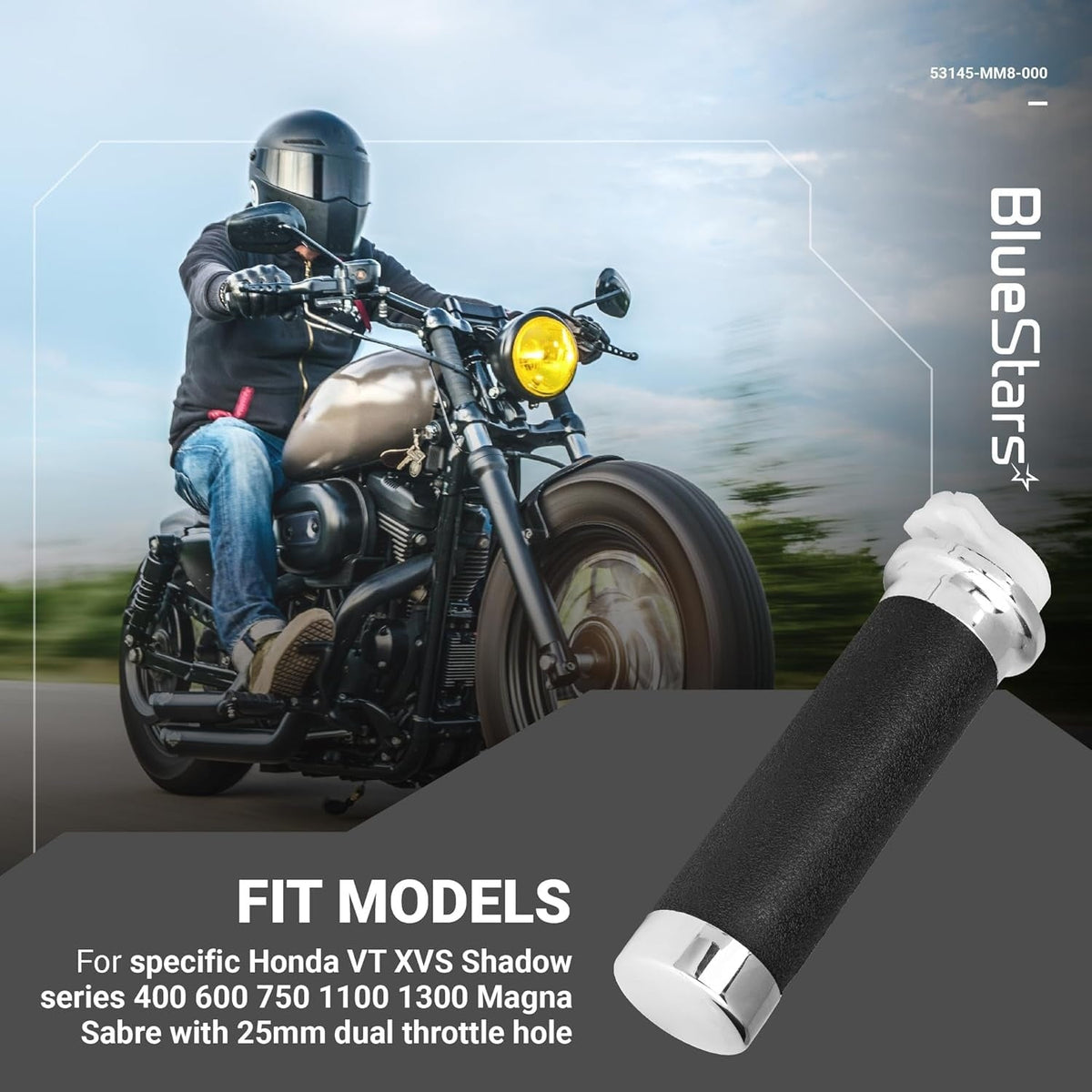 53145-MM8-000 Honda right side throttle hand grip with 25mm diameter and chrome end cap.