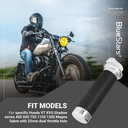 53145-MM8-000 Honda right side throttle hand grip with 25mm diameter and chrome end cap.